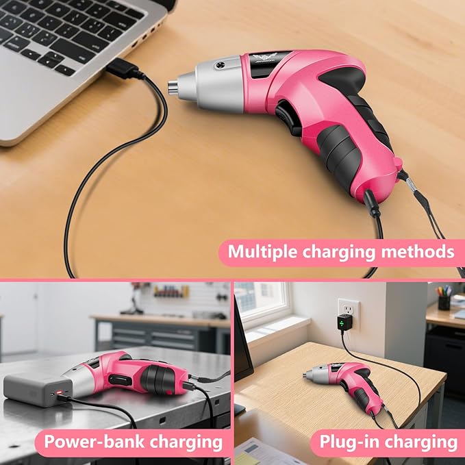 Pink Household Tool Set with 3.6V USB Electric Screwdriver, 112 PCS Home Tool Kit with Cordless Lithium-ion Drill Driver, Hand Tool Kits for Women