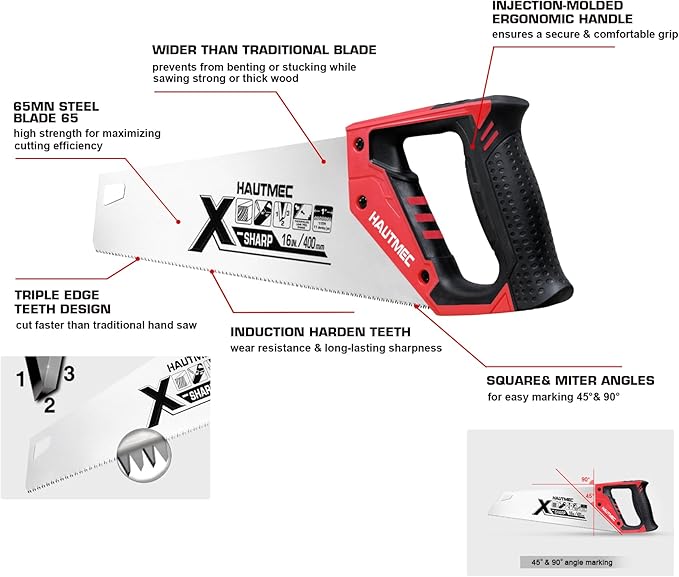 HAUTMEC 16-Inch X-Sharp Pro Hand Saw, Universal Wood Saw with 11 TPI Triple Ground Teeth & Ergonomic Handle,Multi-Purpose Handsaw for Wood, PVC, Plastic – HT0152