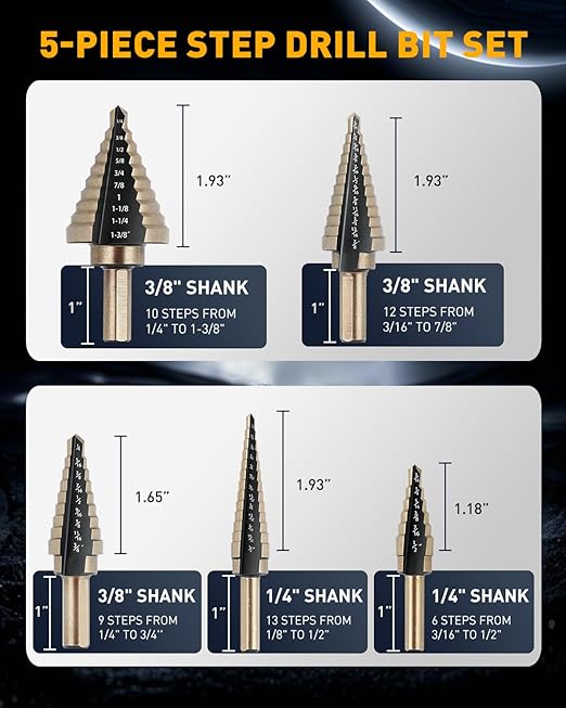 COMOWARE Step Drill Bit Set & Automatic Center Punch- Black and Gold, Double Cutting Blades, High Speed Steel, Short Length Drill Bits Set of 5 pcs, Total 50 Sizes with Aluminum Case