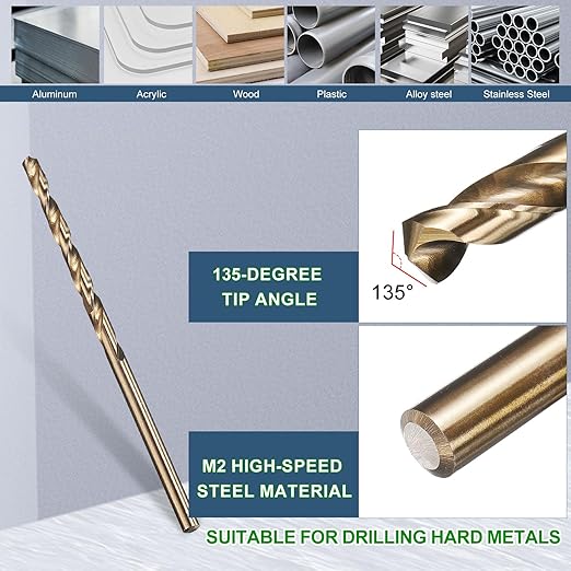 METALLIXITY Drill Bit (#43) 12Pcs, M2 High-Speed Steel Micro Number Bits Spiral Flute 135°Point Tip Gold Finish for Stainless Steel Iron Copper Aluminum Hard Metal