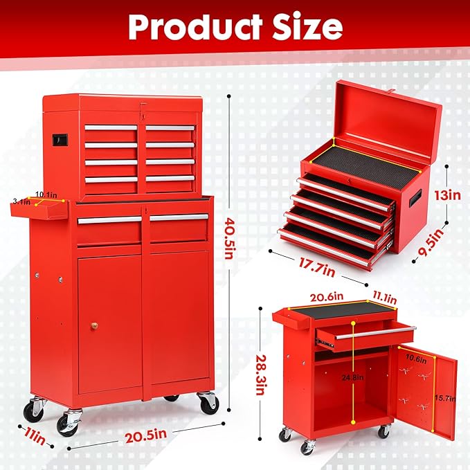 Rolling Tool Chest - 5 Drawers Tool Box Organizer with Lockable Wheels, Sliding Drawers, Detachable Top Tool Box - Tool Storage Cabinet for Garage Workshop, Red