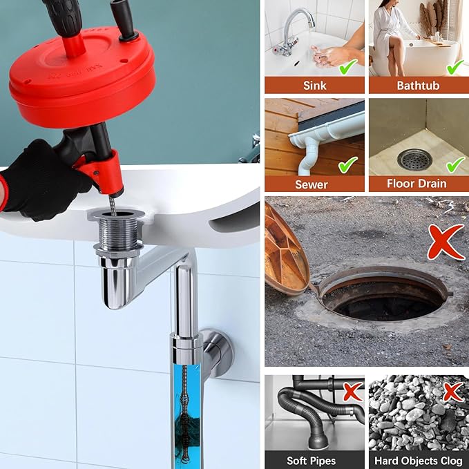 50 FT Double Mode Drain Snake Tools, 11-in-1 Drain Auger for Sink and Drain Unblocking, Plumbing Snake for Kitchen, Bathrom and Shower Sink, Snake for Real DYIs【Upgraded】