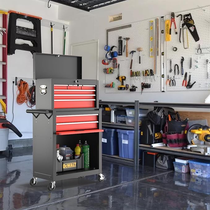 8 Drawer Tools Chest,42.9 inch Tool Cabinet with Universal Lockable Wheels，Organizable Tool Box with Detachable Top Box for Workshop，BlackRed