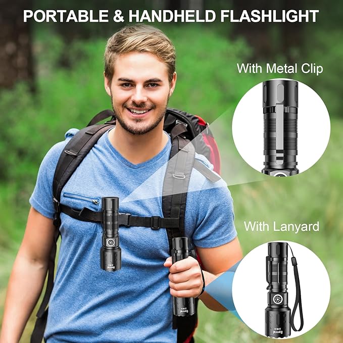 Banral Flashlights High Lumens Rechargeable, Super Bright LED Small Powerful Flashlight with Memory Function, 6Modes Pocket Waterproof Flash Light for Camping,Hiking (1, Black)