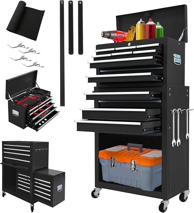 13-Drawer Tool Chest with Wheels,2 in 1 Detachable Rolling Tool Chests with Drawers,Large Tool Box with Lock,Mobile Steel Tool Cabinet Storage for Warehouse,Garage-Black