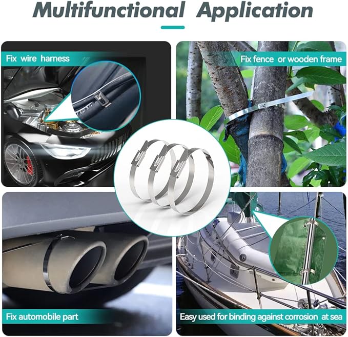 Metal Zip Ties 16 inch 316 Stainless Steel Locking Cable Marine Grade 250LB 400mm 100pcs Heavy Duty Exhaust Wrap Multi Purpose Binding for machinery, vehicles, farms, cables, pipes,Fence