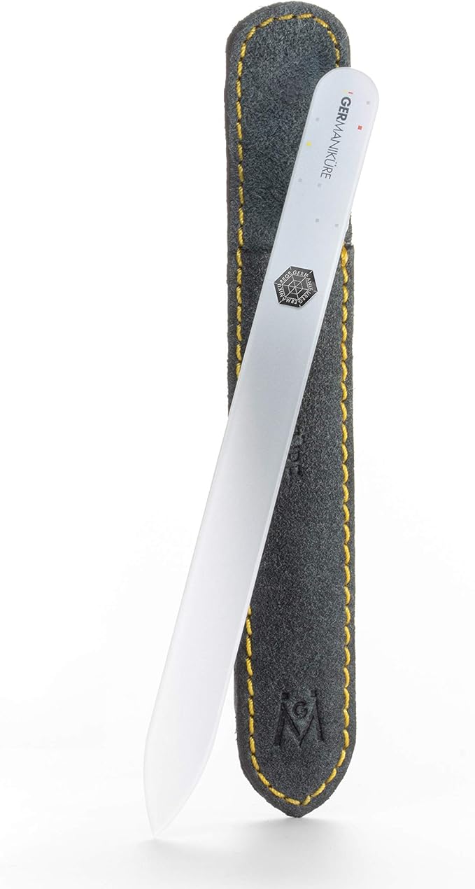 GERMANIKURE Czech Crystal Glass Nail File in Suede Leather Case - Original White Branded - Professional Manicure & Pedicure Products for Smooth Easy Shaping of Natural Nails