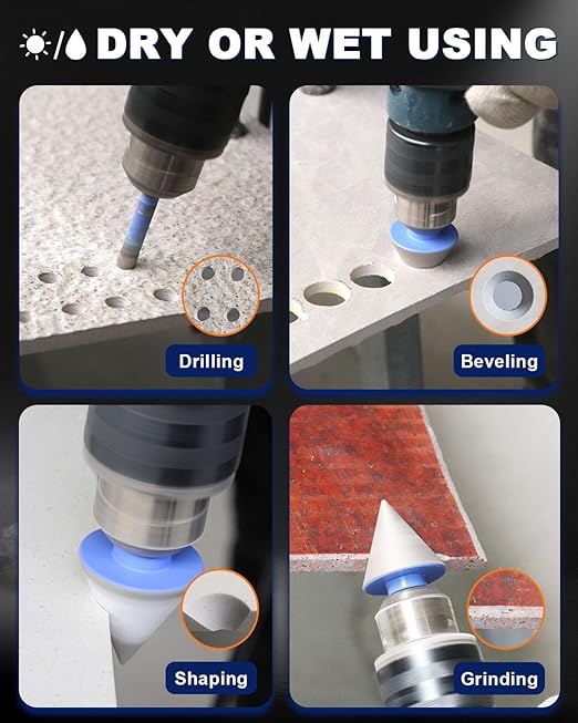 Diamond Tile Hole Saw Kit - 10Pcs 1/4'' X 3, 4/5'', 1'', 1-1/4'', 1-3/8'', 2'' Drill Bits Set, 1/4'' Carbide Drill Bit, 1-3/8'' Beveling Chamfer Bit for Porcelain Tile Ceramic Granite Marble