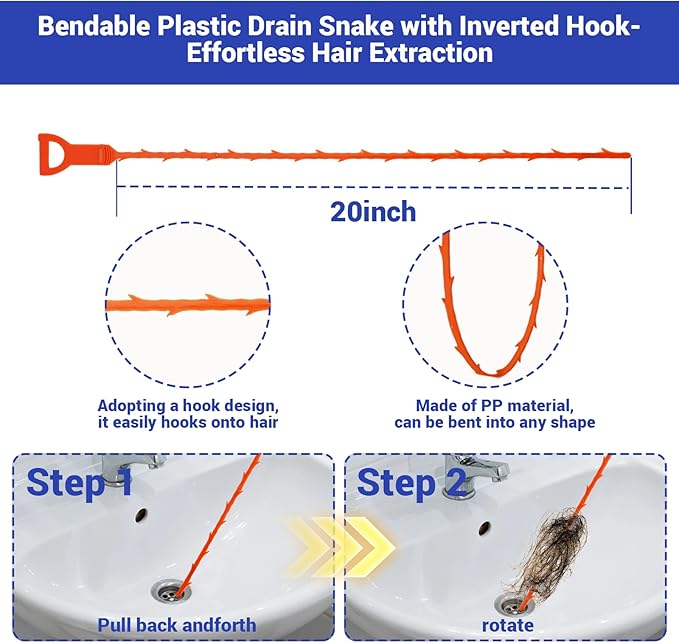 33Ft Drain Auger, Flexible Plumbing Snake & Drain Hair Clog Removal Tool with Gloves, Heavy Duty Pipe Snake Drain Unclogger Tool, Snake Auger for Bathroom Shower Kitchen Sink and Tub