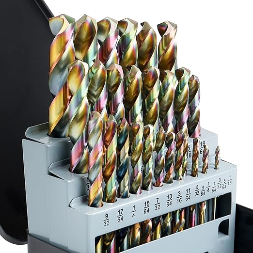 Lichamp Drill Bit Set, 29Pcs M2 HSS Cobalt Drill Bits from 1/16" to 1/2" for Metal, Cast Iron, Stainless Steel and Plastic with Durable Index Metal Storage Case, Colorful Titanium Plating