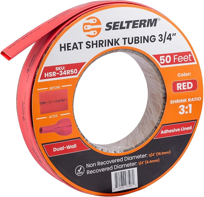 SELTERM 3/4" Red [50 Feet] Marine Grade Heat Shrink Tubing Roll, 3:1 Ratio Dual Wall Adhesive Lined Waterproof Heat Shrink Wrap Tube, for Battery Cable Lugs Wire Terminals Connectors