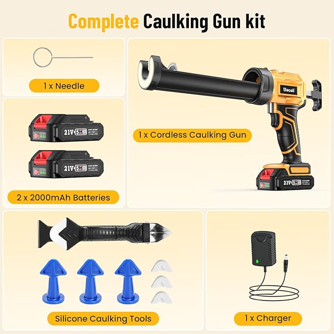 Electric Caulking Gun, Cordless Caulking Gun with 2x 2000mAh Batteries, 9Pcs Silicone Caulking Tools, 4 Adjustable Speeds, LED Light, 10OZ Battery Silicone Gun for Filling, Sealing (Yellow)