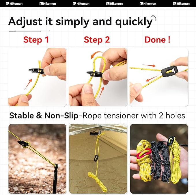 Hikeman Tent Guy Ropes 2mm-Ultralight Strong Guy Lines with Tensioner Reflective UHMWPE Fiber Tent Cord for Camping, Hiking, Backpacking Rope (Yellow, 65 Feet, 10 Tensioners)