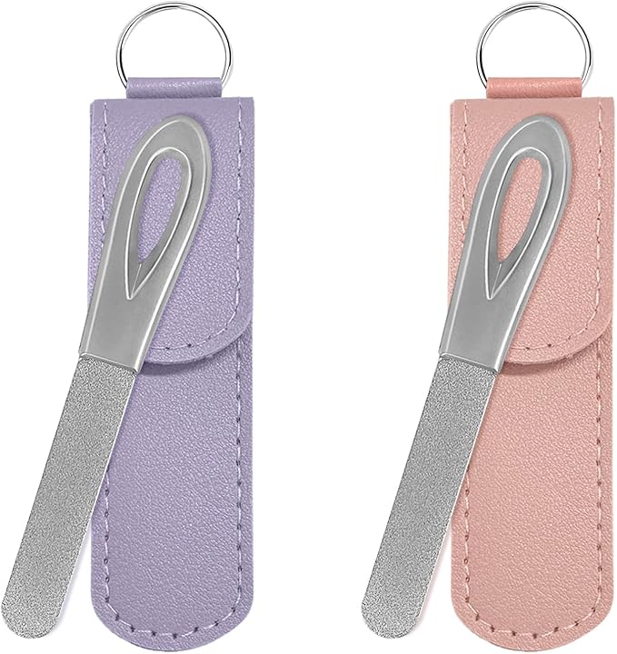 Metal Nail File with Case, 2 Pack Keychain Nail Files for Natural Nails, Fingernail Files Diamond Round Tip Stainless Steel Double Sided Fine Grit Silver Filer with Leather Sheath Travel Pink Purple