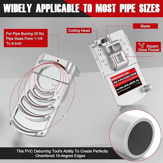 Deburring Tool for PVC Pipe, Plumbing Tools, Professional Plastic Pipe Deburring Tool, for Pipe Burring of Six Pipe Sizes from 1-1/4 to 4-Inch, PVC Chamfer Tool Leaves Pipe Edges Smooth.