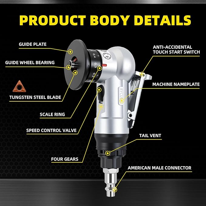 Pneumatic Chamfering Tool Handheld, Mini Air-Powered Chamfering Machine with 4 C-Blades (2 Pre-Installed), 45° Right-Angle Trimming, 1/4 Inch Air Inlet for Metal, Wood Beveling & Deburring