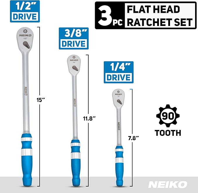 NEIKO 03006A Flat Head Ratchet Set - 3 Piece Low Profile 1/4, 3/8, 1/2 Inch Drive, 90 Teeth, Anodized Textured Grip Handle, Long Handle, Sealed Head, Cr-Mo