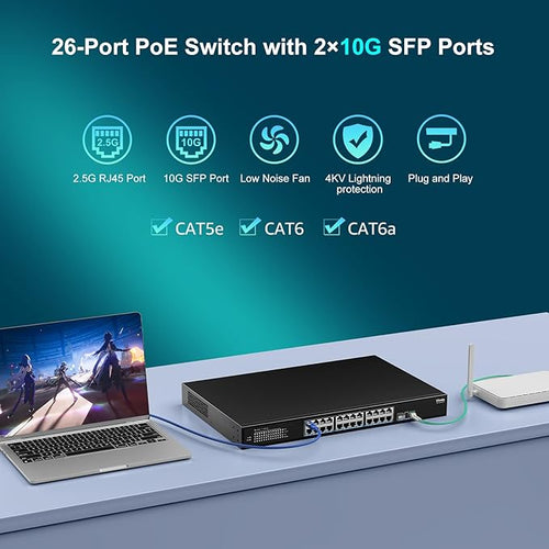 2.5G PoE Switch 24 Ports Unmanaged, 24×2.5G Base-T PoE Switch+2X 10G SFP, 26 Ports Switch 160 Gbps Switching Capacity, 400W, IEEE802.3af/at Switch for 2.5Gbps NAS, 4K Cameras, Fanless