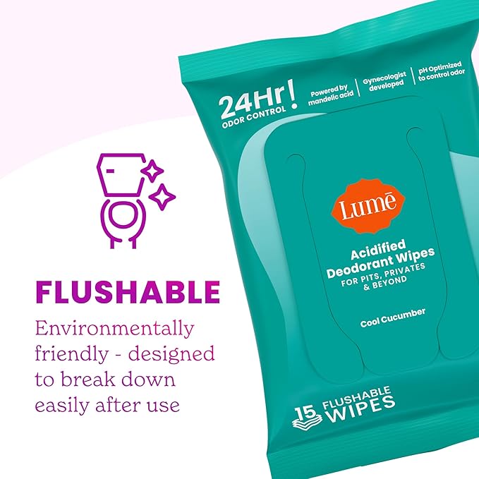 Lume Acidified Deodorant Wipes - 24 Hour Odor Control - Aluminum Free, Baking Soda Free, Skin Loving - Flushable - 15 Count (Pack of 3) (Cool Cucumber)