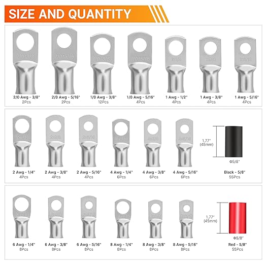 Kuject 220PCS Tinned Copper Wire Lugs Kit AWG 1 2 4 6 8 1/0 2/0 Gauge, Heavy Duty Battery Cable Lug Ends, Ring Terminal Connectors Assortment with 110PCS 3:1 Heat Shrink Tubing
