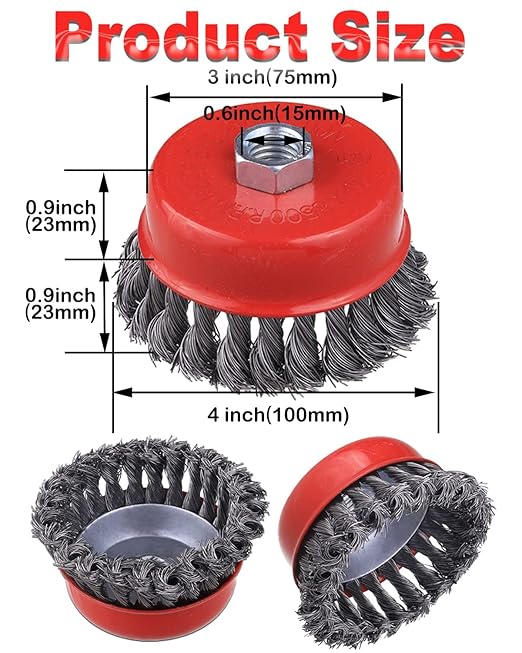 4" Wire Wheel Cup Brush, Coarse Twisted Knotted Wire Wheel for Angle Grinder, 5/8-11 Threaded Arbor, 0.02" Carbon Steel Wire Brush for Grinder, Heavy Cleaning Rust, Abrasive (12)