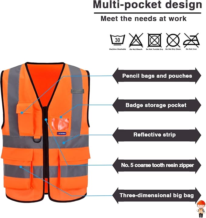 A-SAFETY Orange High Visibility Safety Vest Reflective, 3M Multi Pockets Working Vest Working Uniform Zipper Front ANSI/ISEA Standards 7 Pockets Class 2,3XL