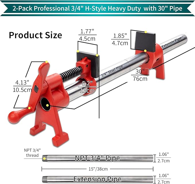 3/4 Inch Wood Gluing Pipe Clamp Set with 30" Metal Pipe, 2-Pack Professional H-Style Heavy Duty Quick Release Bar Clamps for Woodworking(2)