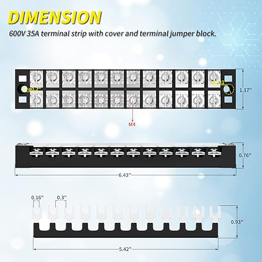 Joinfworld 35A Terminal Block 12 Position Screw Terminal Strip Dual Row with Cover and 12 Position Pre-Insulated Terminal Jumper Block - 2pcs