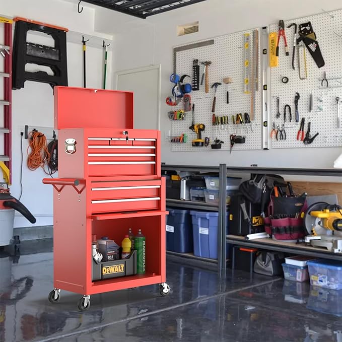 8 Drawer Tools Chest,42.9 inch Tool Cabinet with Universal Lockable Wheels，Organizable Tool Box with Detachable Top Box for Workshop，RED