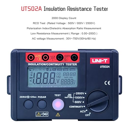 UNI-T 2500V Insulation Megger Tester Megohmmeter, Ground Resistance Tester Meter 0 Megohm to 20GΩ with AC 500V/1000V Testing Voltage & LCD Display Backlight(UT502A)