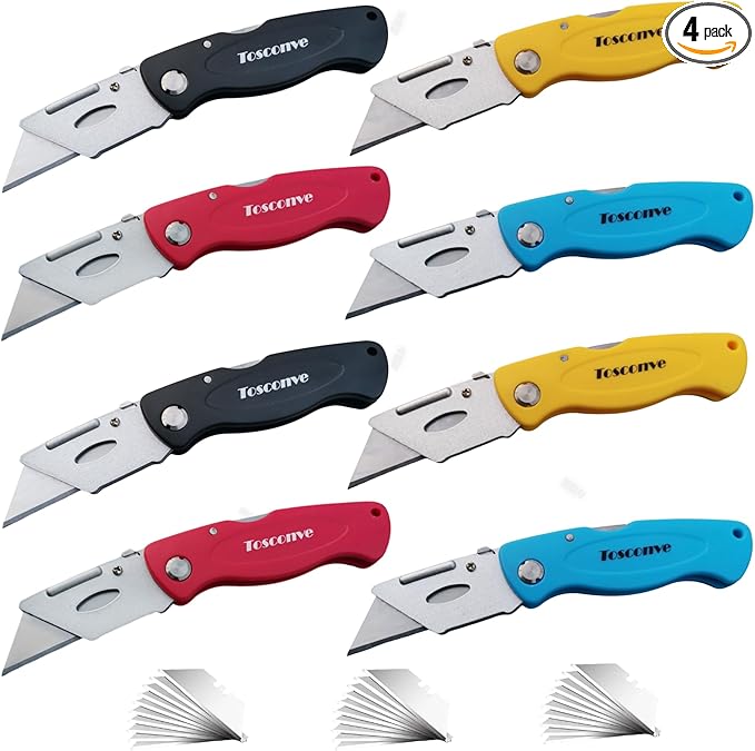 4-Pack Folding Utility Knife Box Cutter with Extra 20 Razor Blades, Elegant Razor Blade Knife Utility Knives Without Clip for Home Office, Box Opener for Cartons Boxes Cardboard Plastic
