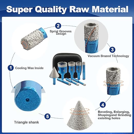 Tile Hole Saw Kit - BRSCHNITT Diamond Core Drill Bit Set 6/8/10/20/25/35mmDrill Bit &2" Diamond Chamfer Bit for Porcelain Tile Ceramic Marble Granite
