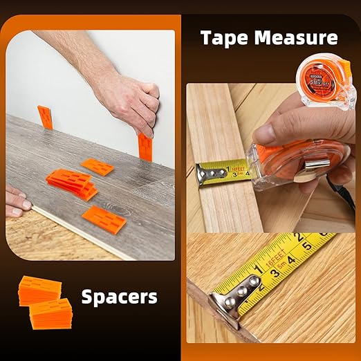Laminate Wood Flooring Installation Kit, 6 in 1 Vinyl Flooring Tools with Double-Faced Mallet, Tapping Block with Handle, 2 in 1 Flooring Spacers, Heavy Duty Pull Bar, 40 Spacers, Tape Measure