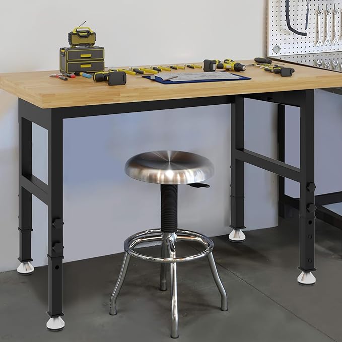 48'' Adjustable Workbench, Solid Wood Work Bench Table, Metal Tool Bench Work Bench for Garage, Large Load Capacity Garage Workbench Workshop Table for Workshop,Office,Home, Easy Assembly