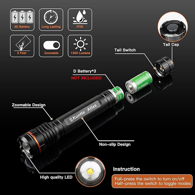 KunHe Heavy Duty 3D Cell LED Flashlights Large Aluminum Zoomable High Lumens 1200 LM Battery Powered Single Mode Flash Light- Big Flashlight for Home Emergency Power Outages Camping Car