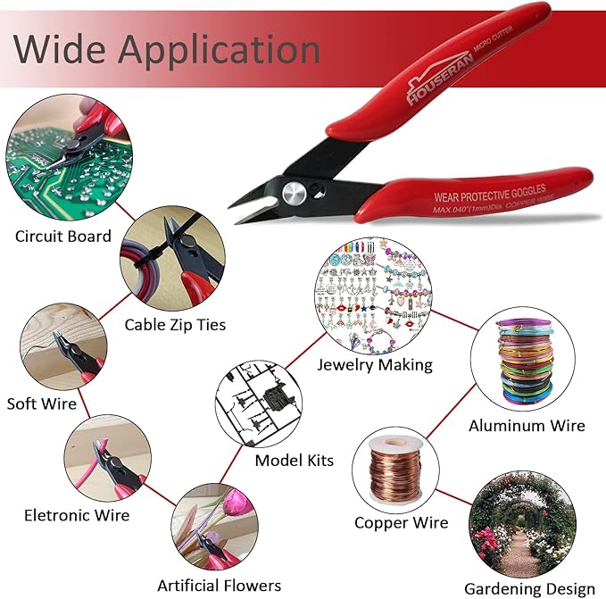 Small Wire Cutters, 5 PACK, 5 Inch Micro 170 Flush Cutter, HOUSERAN Wire Cutters Spring Loaded Cutting Pliers, Side Cutters, Diagoanl Cutters for Jewelry Making, Models, Zip Ties Plastic Wire Snips