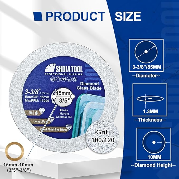SHDIATOOL Glass Diamond Cutting Disc 3-3/8-Inch Saw Blade, Ultra-Thin Cut Off Wheel for Tile Ceramic Porcelain Marble 85mm