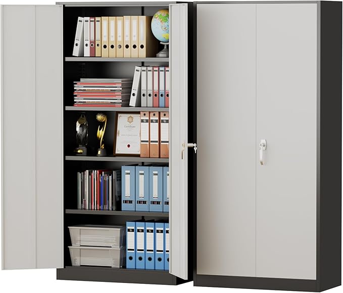 Pataku Metal Storage Cabinet, 71" Garage Cabinet with Doors and Shelves Lockable Steel Multifunctional Cabinets, File Cabinets for Home, Office, Warehouse(Black Grey)