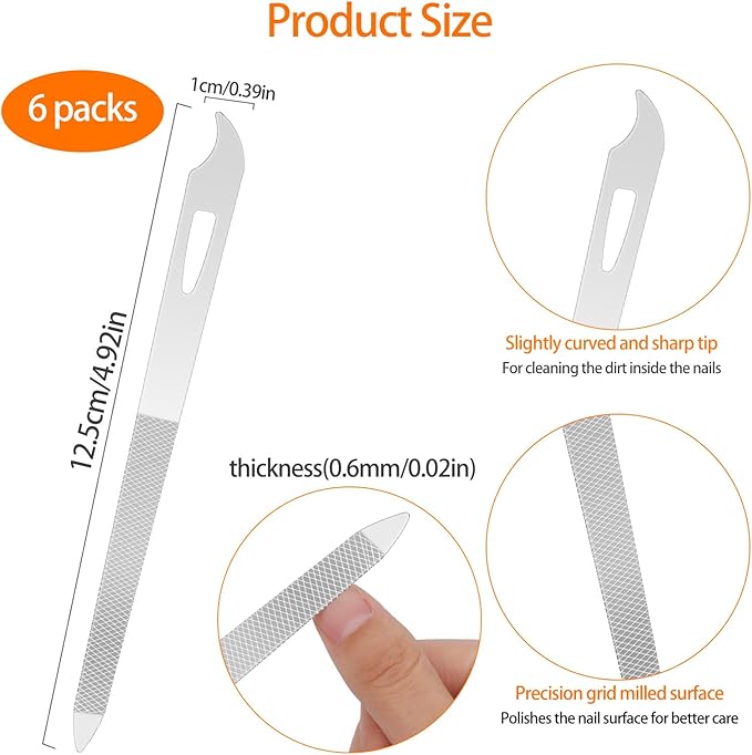 6-Piece Stainless Steel Nail File Set with Cleaner Tip - Double Sided, Durable, Professional Diamond Buffer for Natural Nails