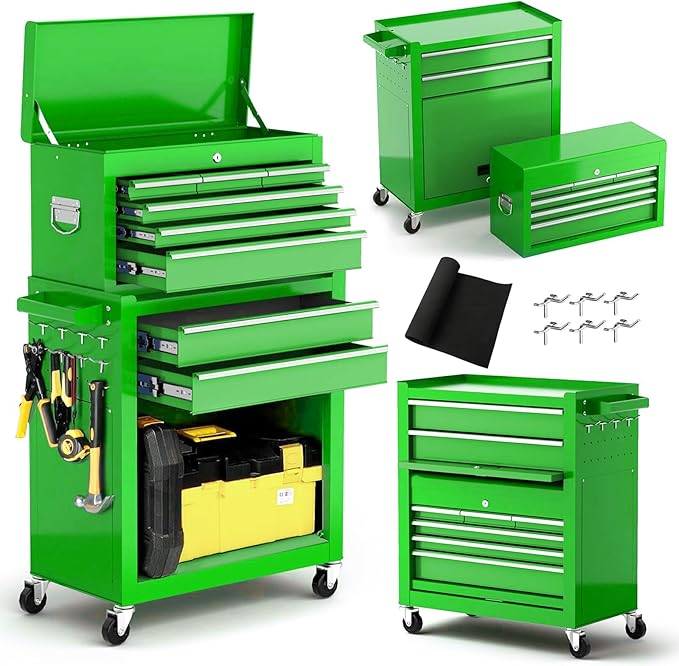 8-Drawer Rolling Tool Chest, 2-in-1 Tool Box Organizer with Lockable Wheels, Sliding Drawers, and Detachable Top, Garage Workshop Tool Storage Cabinet, Green