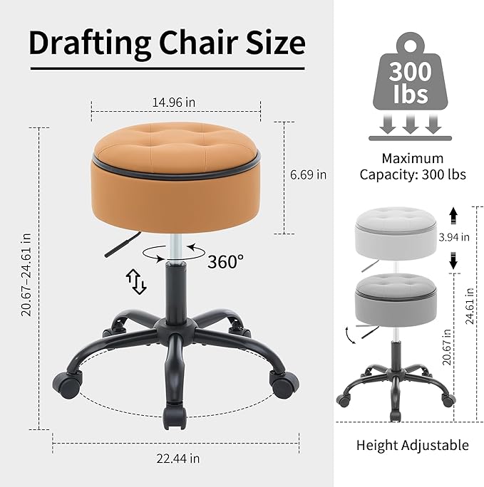 Drafting Chair with Wheels (Stool & Small Table in One) (Adjustable Office Chair 20.67"-24.61"), Caramel Brown Rolling Stool with Storage