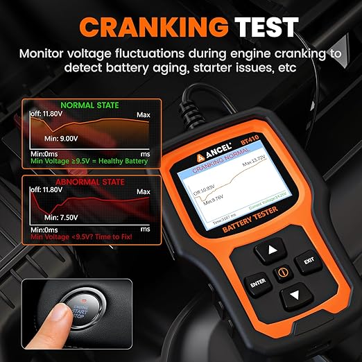 ANCEL BT410 12V Car Battery Tester for Lead-Acid & Lithium Batteries, 100-2000 CCA Automotive Battery Load Tester Health Cranking Charging Test for Car, Truck, SUV, RV, Boat