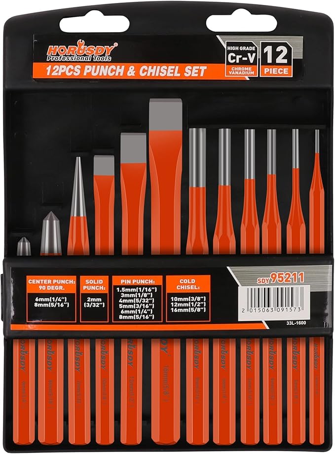 HORUSDY 12-Piece Punch and Chisel Set, Including Cold Chisels, Pin Punch, Center Punch