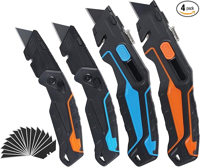 Lichamp Utility Knife 4 Pack, Quick-Change Razor Box Cutter 2-in-1 Retractable Knives and Folding Knife Set, Blade Storage in handle with 16-Pieces SK2 Blades Included