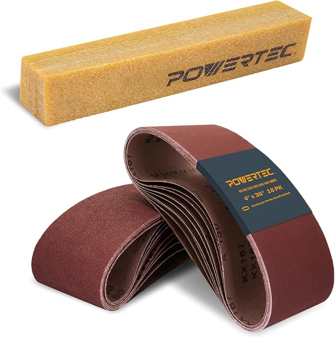 POWERTEC 18PK 4x36 Sanding Belts, 3 Each of 60/80/120/150/240/400 Grits w/Cleaning Stick, Aluminum Oxide 4 x 36 Inch Sanding Belts for Benchtop Belt and Disc Sander, Woodworking, Metalworking (110119)