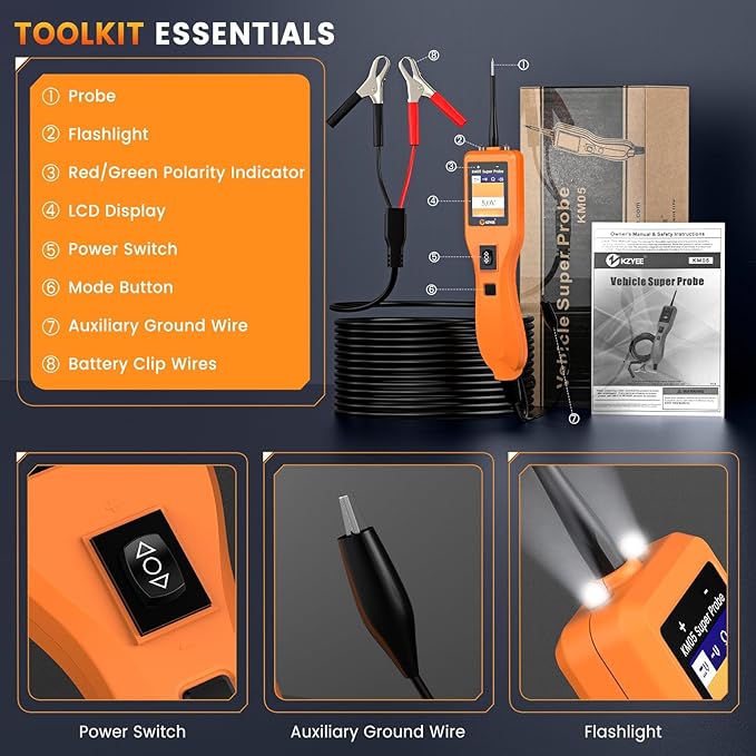 KZYEE KM05 Power Circuit Probe Tester, 12V/24V Automotive Diagnostic Test Tool, Digital Multimeter, Short/Open Circuit Finder, AC/DC Voltage, Continuity, Diode, Resistance Test, Current Probe Kit