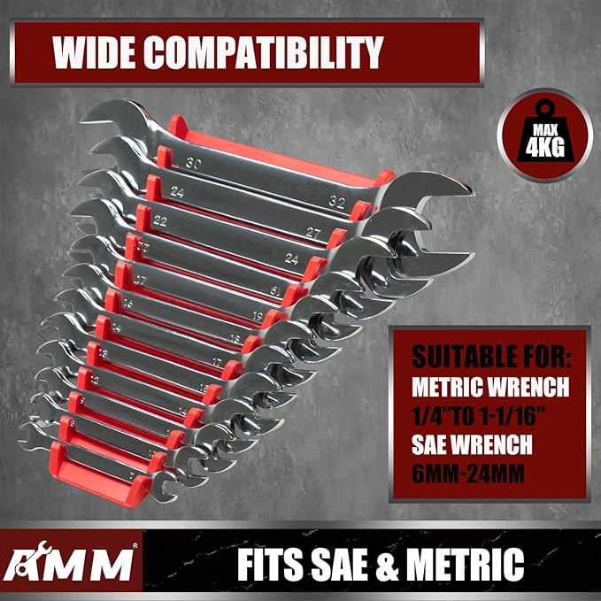 AMM 4 Pack Magnetic Wrench Organizer, 48-Slot Magnetic Wrench Holder for Tool Box Drawer Chest&Wall Mounted, SAE(1/4" - 1-1/16") and Metric 6mm-24mm