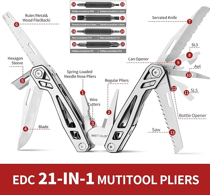 WETOLS Multitool with Pocket Knife, Birthday Gifts for Men Women Mom Dad, 21-in-1 Stainless Steel Pliers with Screwdrivers, Self-locking Multi tools with EDC Sheath, Ideal for Home, Camping, Survival