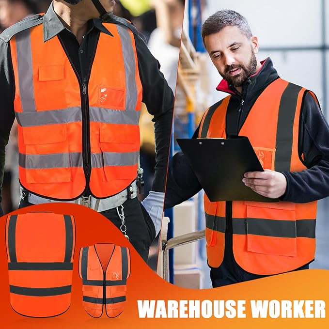 15 Pack Reflective Safety Vests with Pockets and Zipper High Visibility Vest Construction Work Vest for Men Women(Orange Red, Medium)
