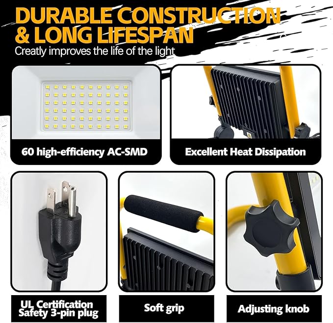 7000LM LED Work Light 5ft Cord with Plug,with Individual Switch.Portable,IP66 Waterproof with a stand.For camping,garage, car repair, workshop and job sites.Great for replacing old halogen work lights